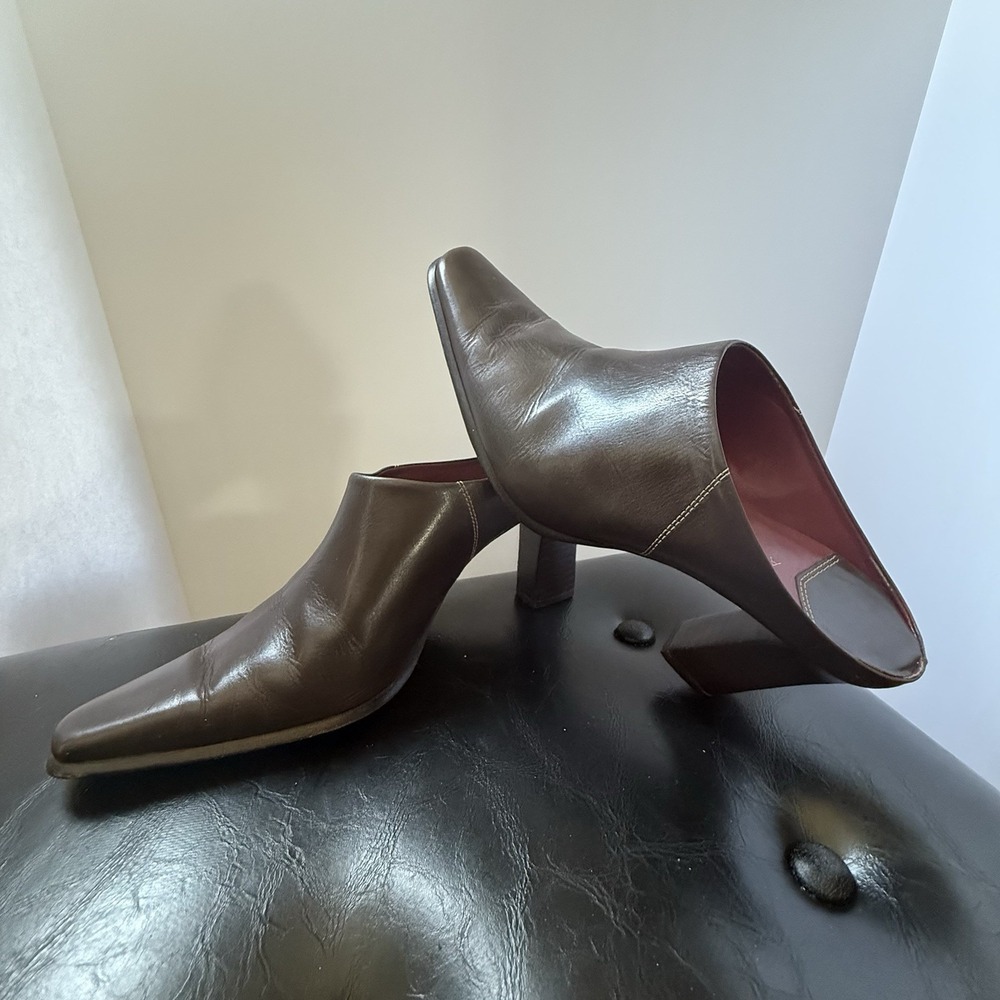 Antonio Melani Brown Leather Heeled Mules Slip-On Sq Toe Block Heel Womens 8M